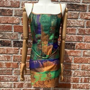 NWT PrettyLittleThing Green Blue Bodycon Corset and Skirt Set (sold together)